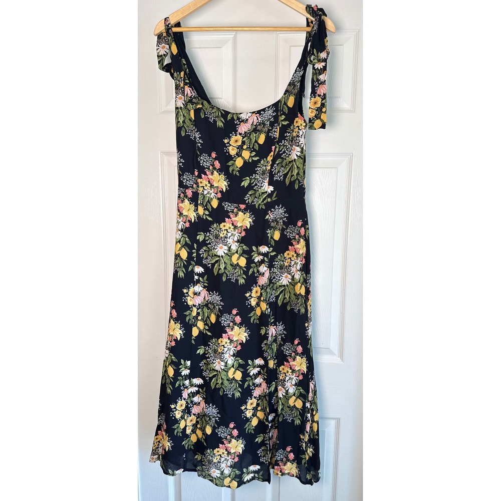 Reformation Midi Dress Womens 10 Black Lemon Floral Tie Strap Smocked Back